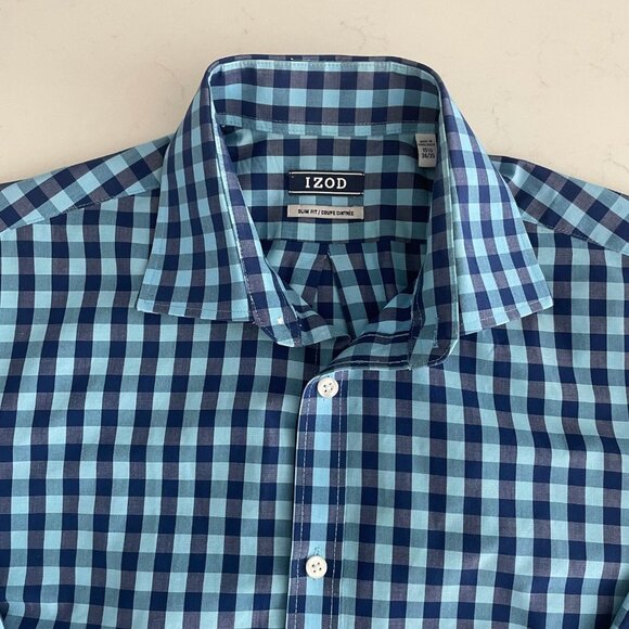 Izod Slim Fit Button Down LS Cotton Poly Blend Check Shirt Blue Sz 15.5 34/35 - Picture 4 of 11